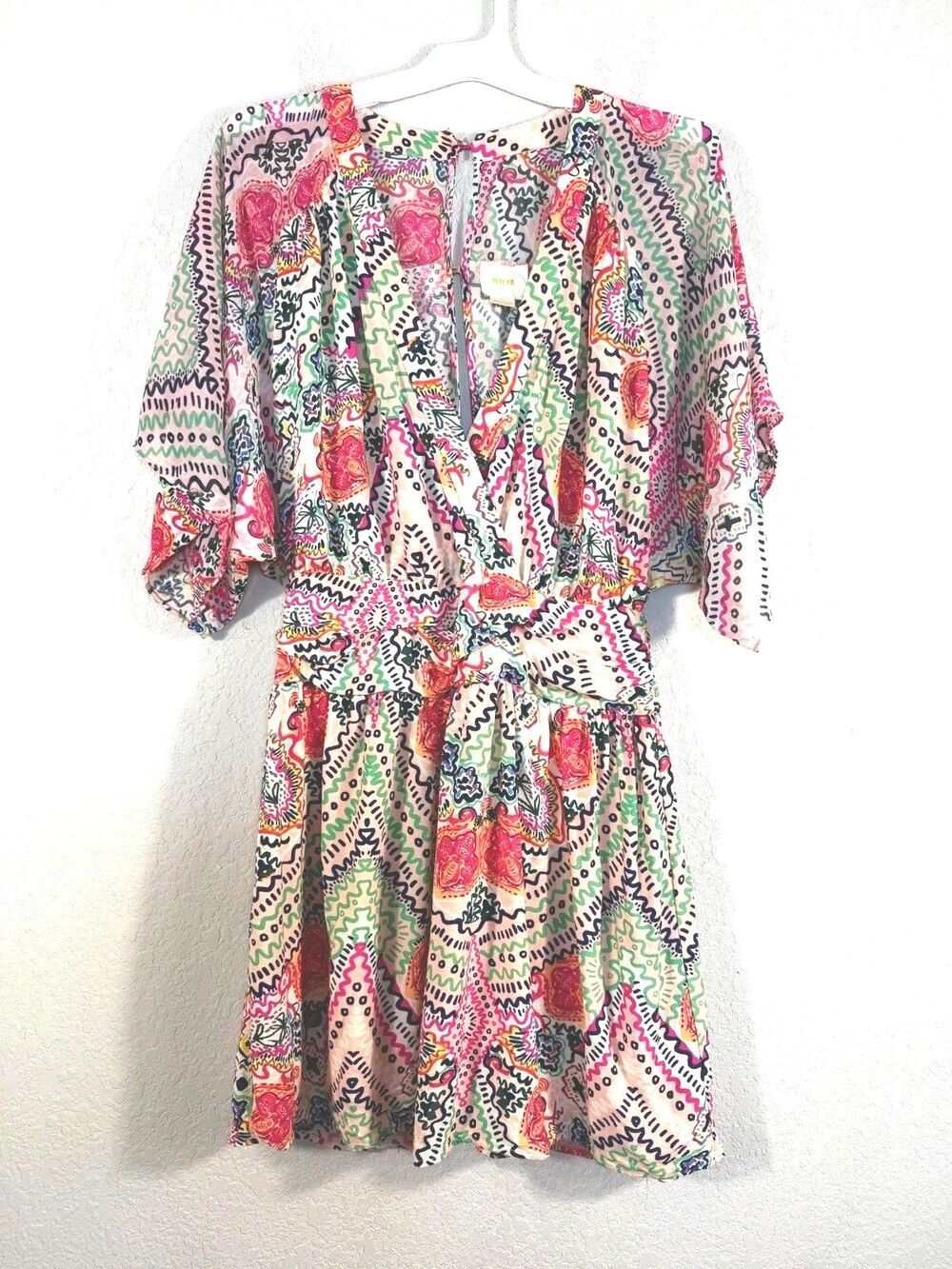 Maeve Anthropologie Graphic Print V-Neck Mini Dress 6 Back Kimono Sleeve Boho